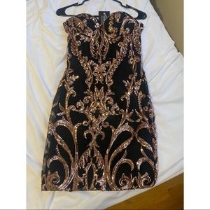 XS strapless black dress with gold sequenceing